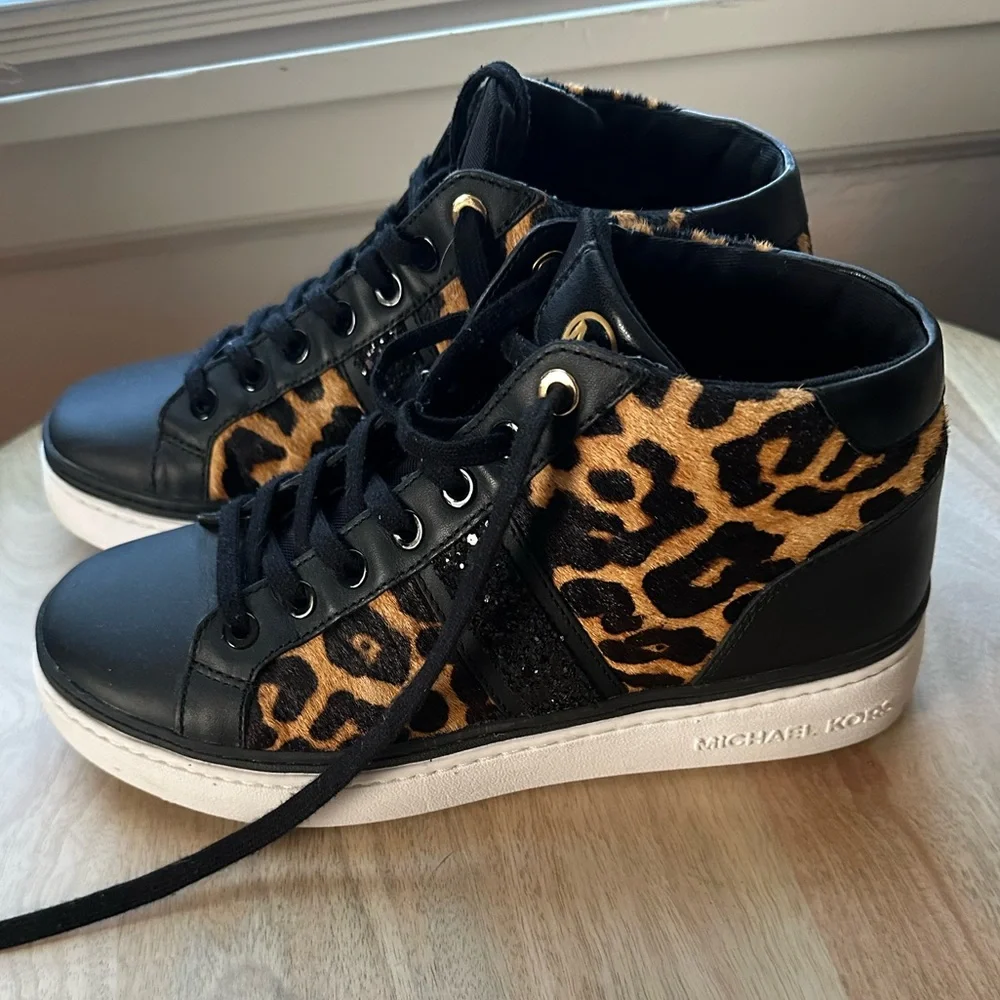 Michael Kors Leopard Print High-Top Sneakers in Black and Brown